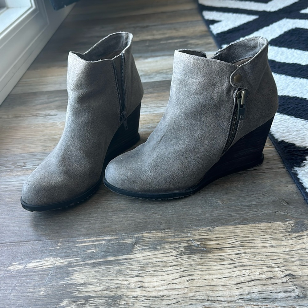 Gray suede wedge booties. Size 8